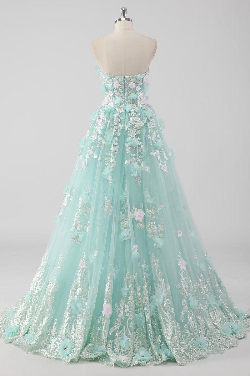 Laden Sie das Bild in den Galerie-Viewer, Prinzessin Mint Trägerloses Ball Quinceanera Kleid aus Tüll mit 3D-Blumen