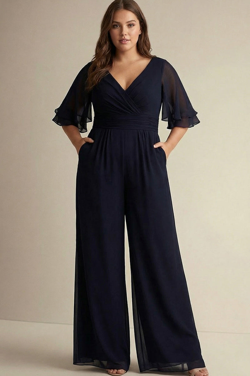 Laden Sie das Bild in den Galerie-Viewer, Marineblaues Plus Size Chiffon V-Ausschnitt Brautmutter Jumpsuits mit halben Ärmeln