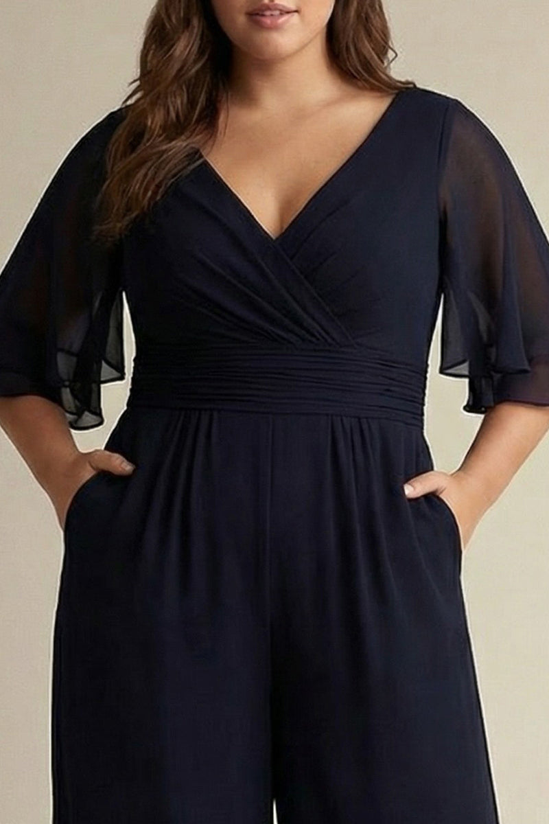 Laden Sie das Bild in den Galerie-Viewer, Marineblaues Plus Size Chiffon V-Ausschnitt Brautmutter Jumpsuits mit halben Ärmeln