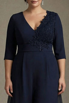 Marineblaues A-Linie V-Ausschnitt Chiffon Plus Size Brautmutterkleid mit Applikationen