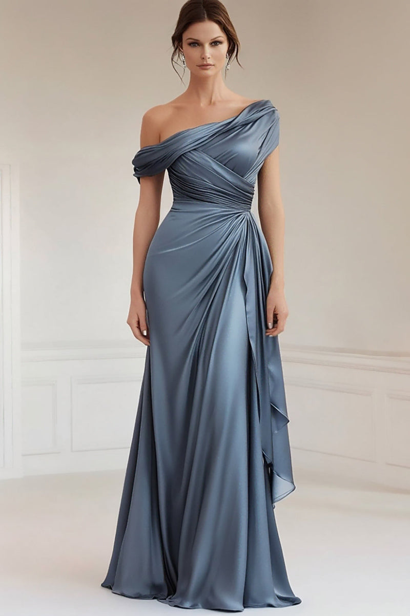 Laden Sie das Bild in den Galerie-Viewer, Frauen Meerjungfrau Grau Blau Mutterkleid Eine Schulter Satin Rüschen Mutter Der Braut Kleid Mit Rüschen