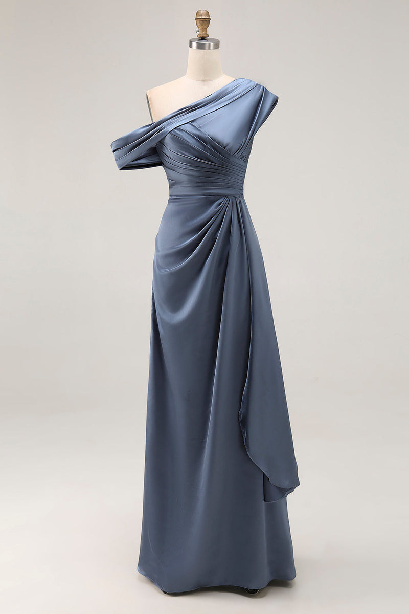 Laden Sie das Bild in den Galerie-Viewer, Scheide Übergröße Graublaues Einschulter Satin Mutter der Braut Kleid