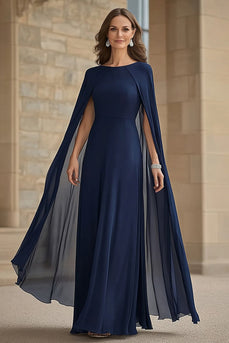 Marineblaues Chiffon A-Linien Langes Rundhals Chorkleid mit Umhang