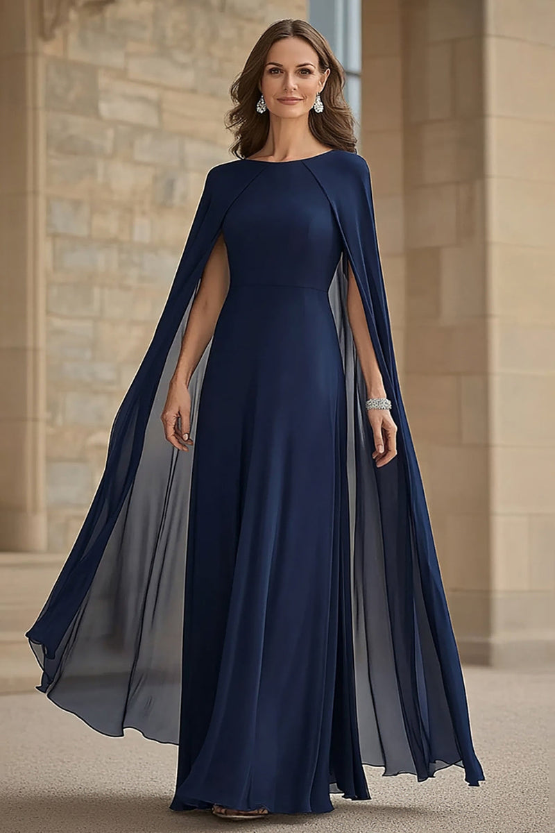 Laden Sie das Bild in den Galerie-Viewer, Marineblaues Meerjungfrauen Chiffon Langes Kleid der Brautmutter mit Umhang