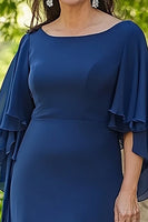 Laden Sie das Bild in den Galerie-Viewer, Marineblaues Meerjungfrauen Rüschen Chiffon Langes Kleid für die Brautmutter mit 3/4 Ärmeln