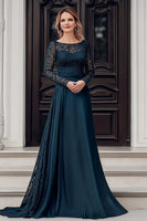 Laden Sie das Bild in den Galerie-Viewer, Elegantes Marineblaues Satin Spitze Brautmutterkleid mit langen Ärmeln