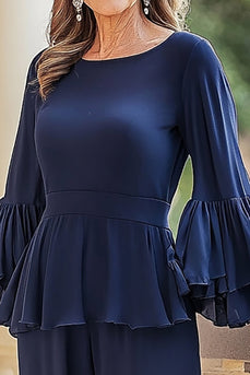 Marineblaue Chiffon Langarm Hosenanzüge für die Brautmutter mit Rüschen