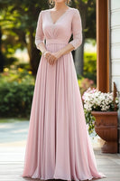 Laden Sie das Bild in den Galerie-Viewer, Rosa Elegantes Spitze Chiffon Kleid für die Brautmutter mit 3/4 Ärmeln