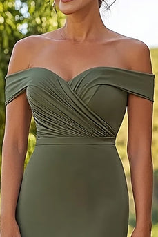 Mattes Satin Olive Etui Schulterfreies Kleid für die Brautmutter mit Gürtel