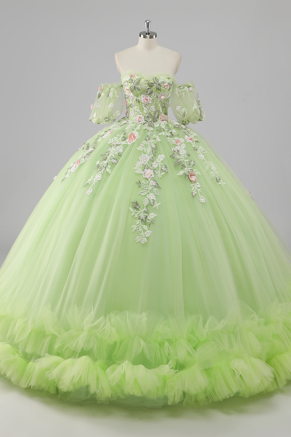 Prinzessin Zitronengrünes Ballkleid Tüll Langes Quinceanera Kleid mit Applikationen