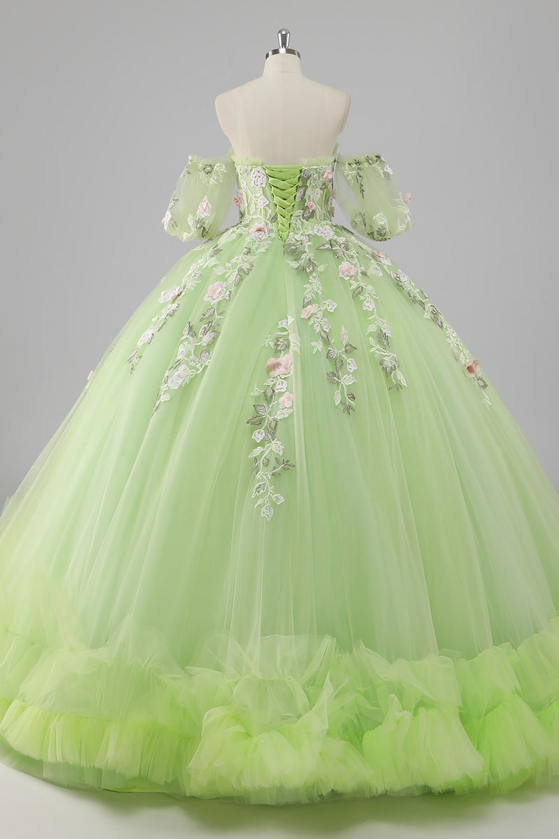 Laden Sie das Bild in den Galerie-Viewer, Prinzessin Zitronengrünes Ballkleid Tüll Langes Quinceanera Kleid mit Applikationen