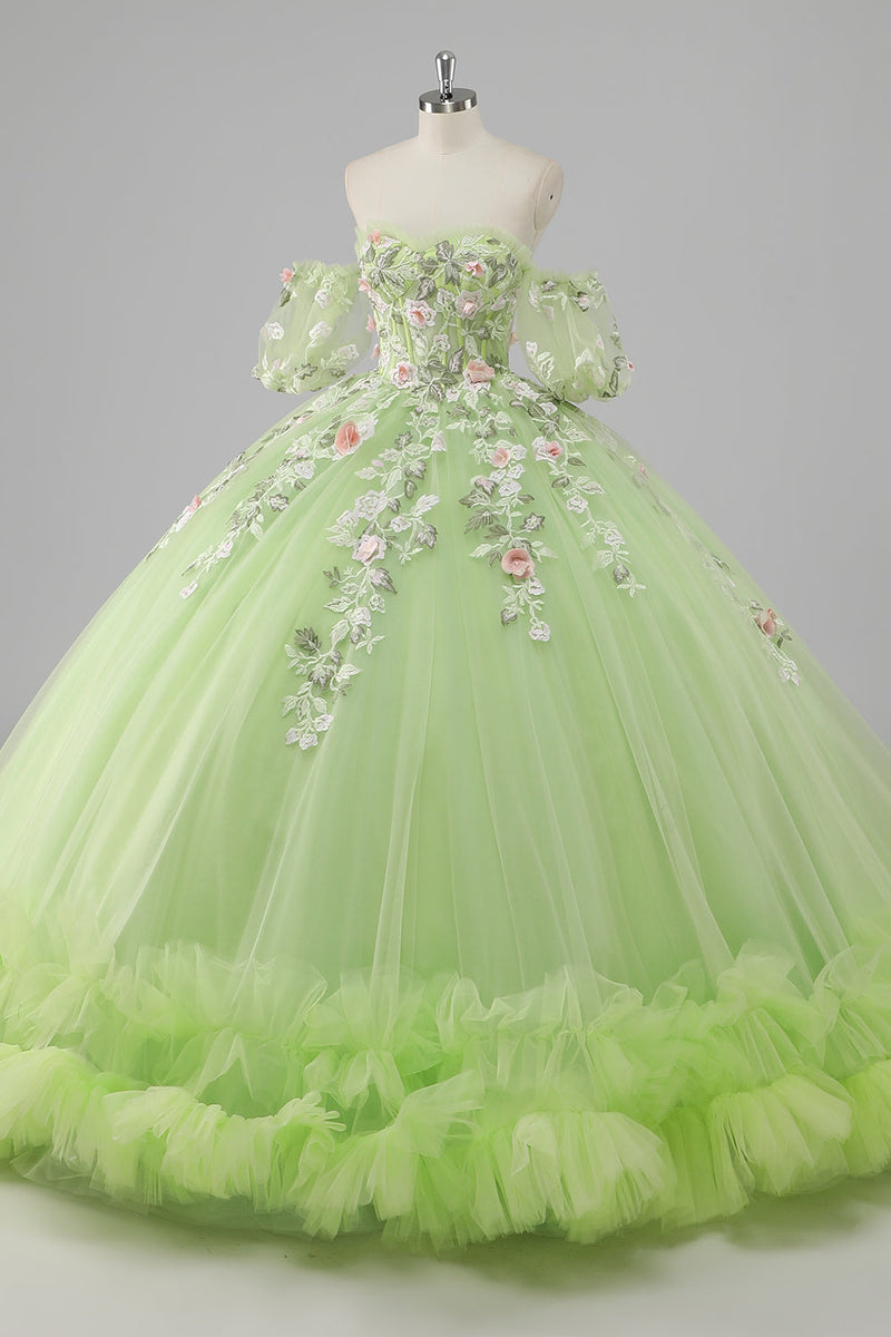 Laden Sie das Bild in den Galerie-Viewer, Prinzessin Zitronengrünes Ballkleid Tüll Langes Quinceanera Kleid mit Applikationen