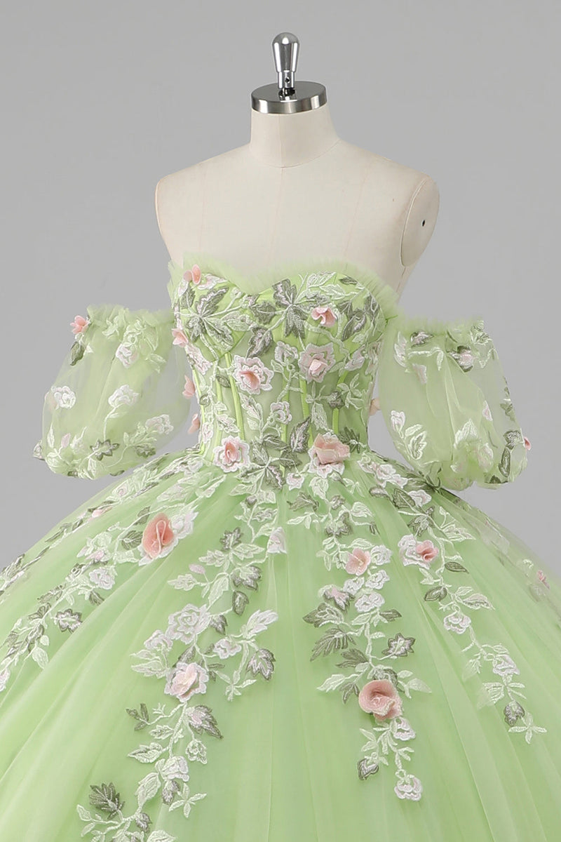 Laden Sie das Bild in den Galerie-Viewer, Prinzessin Zitronengrünes Ballkleid Tüll Langes Quinceanera Kleid mit Applikationen