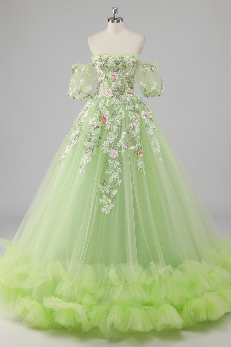 Laden Sie das Bild in den Galerie-Viewer, Prinzessin Zitronengrünes Ballkleid Tüll Langes Quinceanera Kleid mit Applikationen