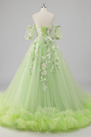Laden Sie das Bild in den Galerie-Viewer, Prinzessin Zitronengrünes Ballkleid Tüll Langes Quinceanera Kleid mit Applikationen