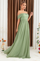 Laden Sie das Bild in den Galerie-Viewer, Grünes schulterfreies Ballkleid in A-Linie aus Chiffon