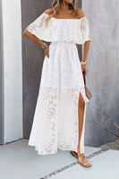 Laden Sie das Bild in den Galerie-Viewer, Weißes schulterfreies Hochzeitsgastkleid mit Rüschenärmeln