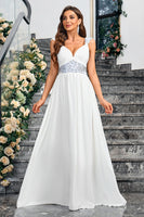 Laden Sie das Bild in den Galerie-Viewer, Weißes langes A-Linie Pailletten Brautkleid mit Spaghettiträgern