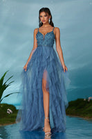 Laden Sie das Bild in den Galerie-Viewer, Schwarzes A-Linie Spaghettiträger Blumen Rüschen Tüll Langes Ballkleid mit Schlitz