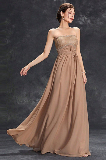 Einfaches khaki A-Linie trägerloses Chiffon Ballkleid