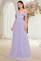 Laden Sie das Bild in den Galerie-Viewer, Schulterfreies graues lila geblümtes langes Ballkleid