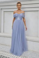 Laden Sie das Bild in den Galerie-Viewer, Blaues Tüll schulterfreies A-Linie Abendkleid