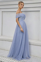 Laden Sie das Bild in den Galerie-Viewer, Blaues Tüll schulterfreies A-Linie Abendkleid