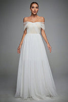 Laden Sie das Bild in den Galerie-Viewer, Blaues Tüll schulterfreies A-Linie Abendkleid