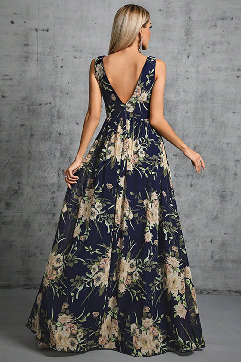 Laden Sie das Bild in den Galerie-Viewer, Marineblaues A-Linie Blumen Druck Chiffon Abendkleid mit V-Ausschnitt