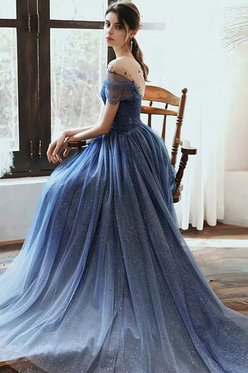 Marineblaues A-Linie Langes Tüll Ballkleid mit Rundhalsausschnitt und kurzen Ärmeln