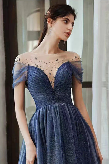 Marineblaues A-Linie Langes Tüll Ballkleid mit Rundhalsausschnitt und kurzen Ärmeln