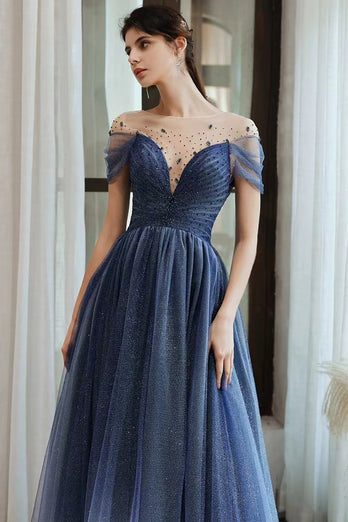 Marineblaues A-Linie Langes Tüll Ballkleid mit Rundhalsausschnitt und kurzen Ärmeln