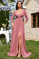 Laden Sie das Bild in den Galerie-Viewer, Dusty Rose A-Linie V-Ausschnitt Langes Chiffon Abendkleid mit langen Ärmeln