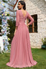 Laden Sie das Bild in den Galerie-Viewer, Dusty Rose A-Linie V-Ausschnitt Langes Chiffon formelles Abendkleid mit langen Ärmeln