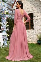 Laden Sie das Bild in den Galerie-Viewer, Dusty Rose A-Linie V-Ausschnitt Langes Chiffon Abendkleid mit langen Ärmeln