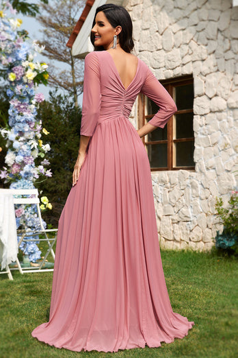 Dusty Rose A-Linie V-Ausschnitt Langes Chiffon formelles Abendkleid mit langen Ärmeln