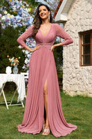 Laden Sie das Bild in den Galerie-Viewer, Dusty Rose A-Linie V-Ausschnitt Langes Chiffon Abendkleid mit langen Ärmeln