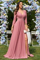 Laden Sie das Bild in den Galerie-Viewer, Dusty Rose A-Linie V-Ausschnitt Langes Chiffon Abendkleid mit langen Ärmeln