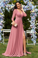 Laden Sie das Bild in den Galerie-Viewer, Dusty Rose A-Linie V-Ausschnitt Langes Chiffon Abendkleid mit langen Ärmeln