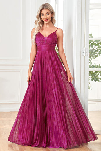 Glitzerndes fuchsia Spaghetti-Träger A-Linie Langes Ballkleid mit Falten