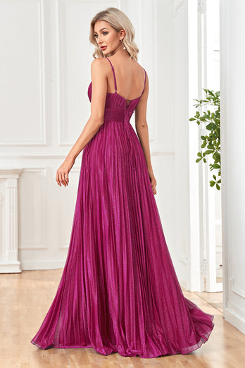 Glitzerndes fuchsia Spaghetti-Träger A-Linie Langes Ballkleid mit Falten