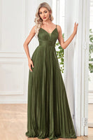 Laden Sie das Bild in den Galerie-Viewer, Glitzerndes Fuchsia Spaghetti-Träger A-Linie Langes Ballkleid mit Falten