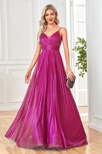 Glitzerndes fuchsia Spaghetti-Träger A-Linie Langes Ballkleid mit Falten