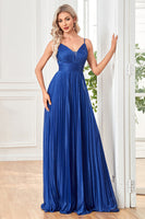 Laden Sie das Bild in den Galerie-Viewer, Glitzerndes Fuchsia Spaghetti-Träger A-Linie Langes Ballkleid mit Falten