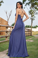 Laden Sie das Bild in den Galerie-Viewer, Funkelndes marineblaues Meerjungfrauen Spaghettiträger Korsett Abendkleid mit Schlitz