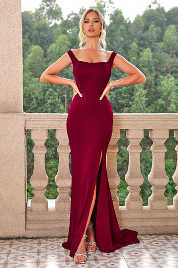 Burgundy Meerjungfrauen schulterfreies Abendkleid mit Schnürung und Schlitz