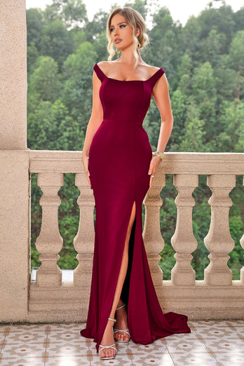 Burgundy Meerjungfrauen schulterfreies Abendkleid mit Schnürung und Schlitz