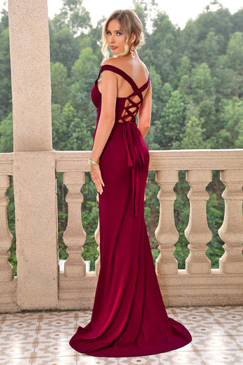 Burgundy Meerjungfrauen schulterfreies Abendkleid mit Schnürung und Schlitz