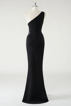 Schwarze Meerjungfrau One Shoulder Glitzerndes Pailletten-Langes Ballkleid mit Rüschen und Schlitz