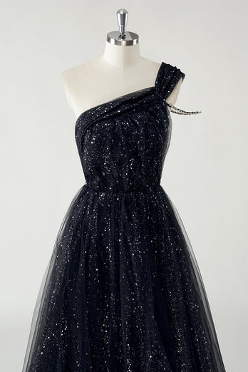 Glitzerndes Schwarzes Tüll Ballkleid in A-Linie mit einer Schulter und Pailletten und Schlitz